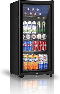Saeoola 3.2 Cu.ft Beverage Refrigerator, Mini Fridge with Glass Door, Black | 7 Temperature Control, Adjustable Shelves, LED Light, Adjustable Feet, Compressor Cooling, Low noise, Home Bar Office Fit