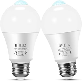 OHLUX Motion Sensor Light Bulbs, 13W (120-W Equivalent) Movement Activated Dusk to Dawn Security Light Bulb, A19 E26 6000K Cool Light for Front Door Porch Garage Basement Hallway Stairs 2 Pack