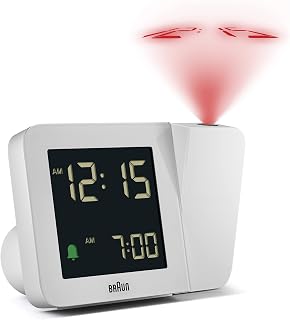 Braun Digital Projection Alarm Clock with 4 Backlight options, Negative LCD Display, Quick Set, Beep Alarm in White, model BC15W