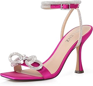 CELLENZ Women Strappy Bow Heels: Double Bowknot Open Toe Kitten Heeled Sandals,Wedding Shoes Sparkly Party Prom Black Silver Gold White Hot Pink Size 6-11