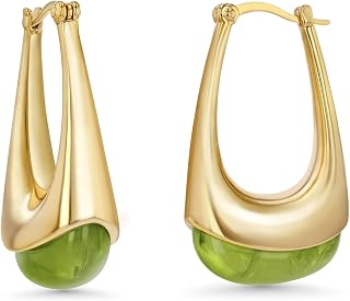 SNGIA Long Oval Chunky Dangle 18K gold plated Hoops with Colored Resin Gemstone Statement Earrings for Women by SNGIA, (Green, Brown, Blue, Pink, White, Cream), Bold Drop Handmade Exaggerated
