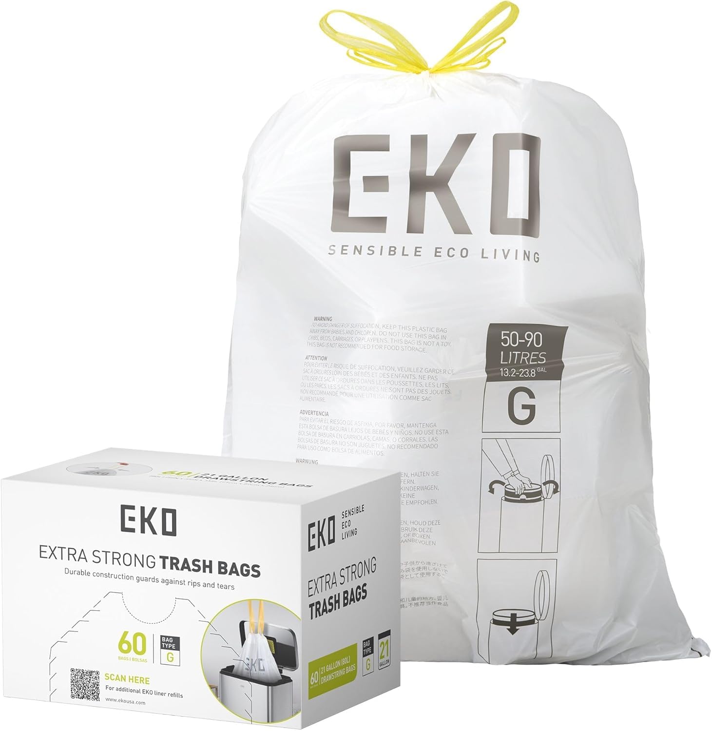 EKO 21 Gallon / 50-90 Liter, 60 Count Drawstring Trash Bags, Extra-Strong Unscen