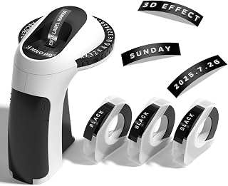 Phomemo Embossing Label Maker,Embossed Label Maker Machine with Tape | E975 Embosser Label Makers 3D Labeller,Vintage Label Printers for Home Use,Office and DIY with 3pcs Black Tape 9mm