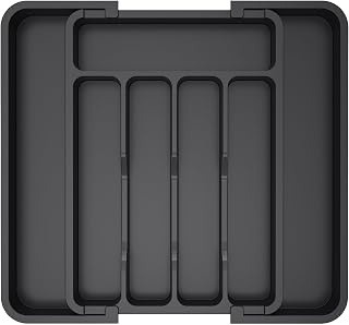 Lifewit Expandable Cutlery Drawer Organiser, 5-7 Compartments Utensil Tray | Adjustable Kitchen Drawer Dividers for Spoons Forks Knives, Plastic Storage Holder, 22-36 x 30cm, Small, Black