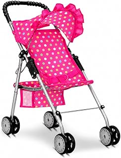My First Baby Doll Stroller for Kids – Foldable Toy Stroller for 18 Inch Dolls with Storage Basket, Double Wheels & Canopy – Pretend Play Toy Stroller