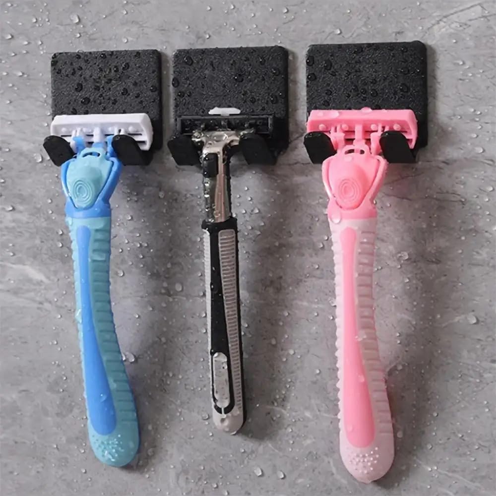 Pack of 3 Space Saving Wall Mounted Razor and Razor Holder, Self Adhesive Hooks,
