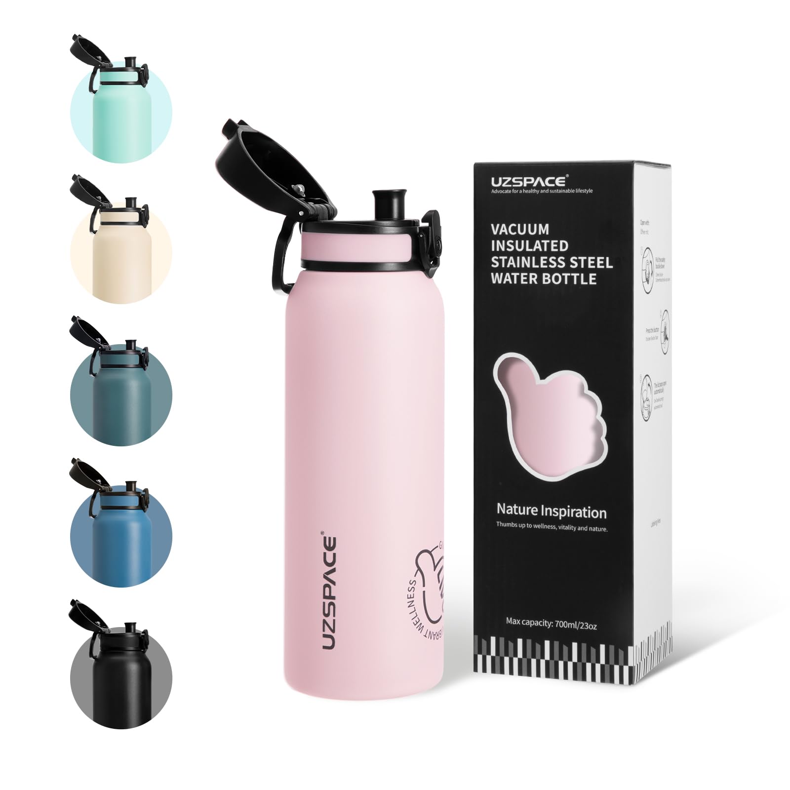 UZSPACE Stainless Steel Water Bottle, 700 ml, Leak-Proof Metal