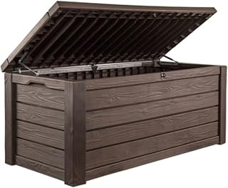 Keter Westwood 150 Gal Outdoor Storage Box for Patio and Pool Accessories | Brown, Resin, Large, Waterproof, Lockable, Easy Lift Pistons, Easy Assembly, Organization, Patio Cushions Storage