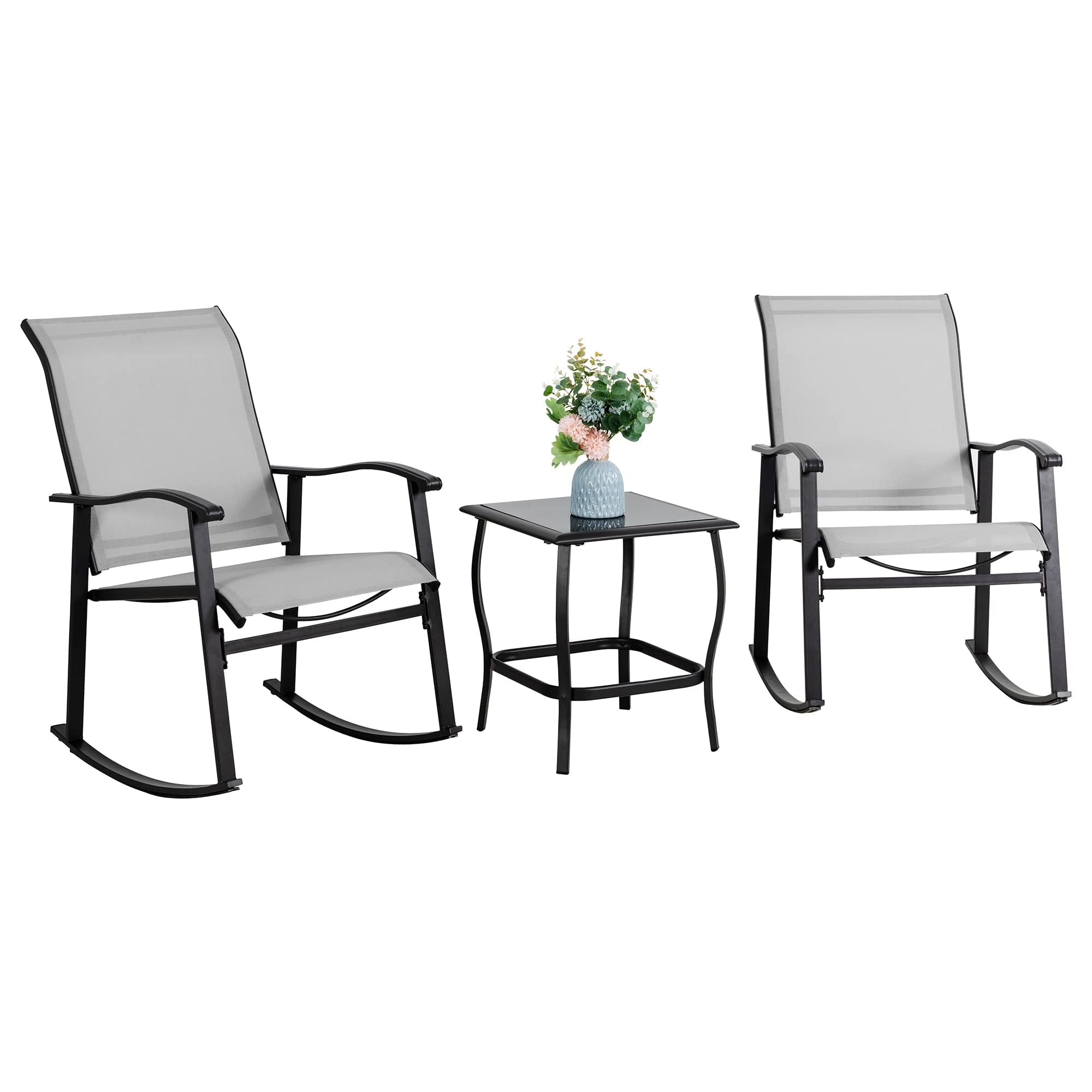 Vongrasig 3 Piece Outdoor Rocking Bistro Set, Textilene Fabric Small Patio Furni