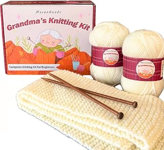MaconGoods Grandma's Knitting Kit - Complete Knitting Kit for Beginners - Includes Beginner Yarn, Bamboo Needles, Video Tutorial, and Written Guide &amp; More - Easy Learn to Knit Kit