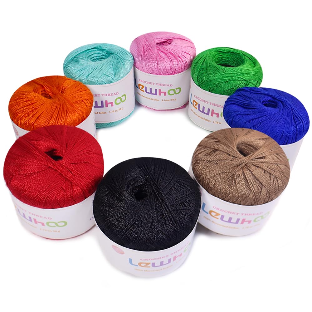 Lewhoo Crochet Thread, Size 10 Mercerized Cotton Lace Yarn Set | 8 Pearl 50g Bal