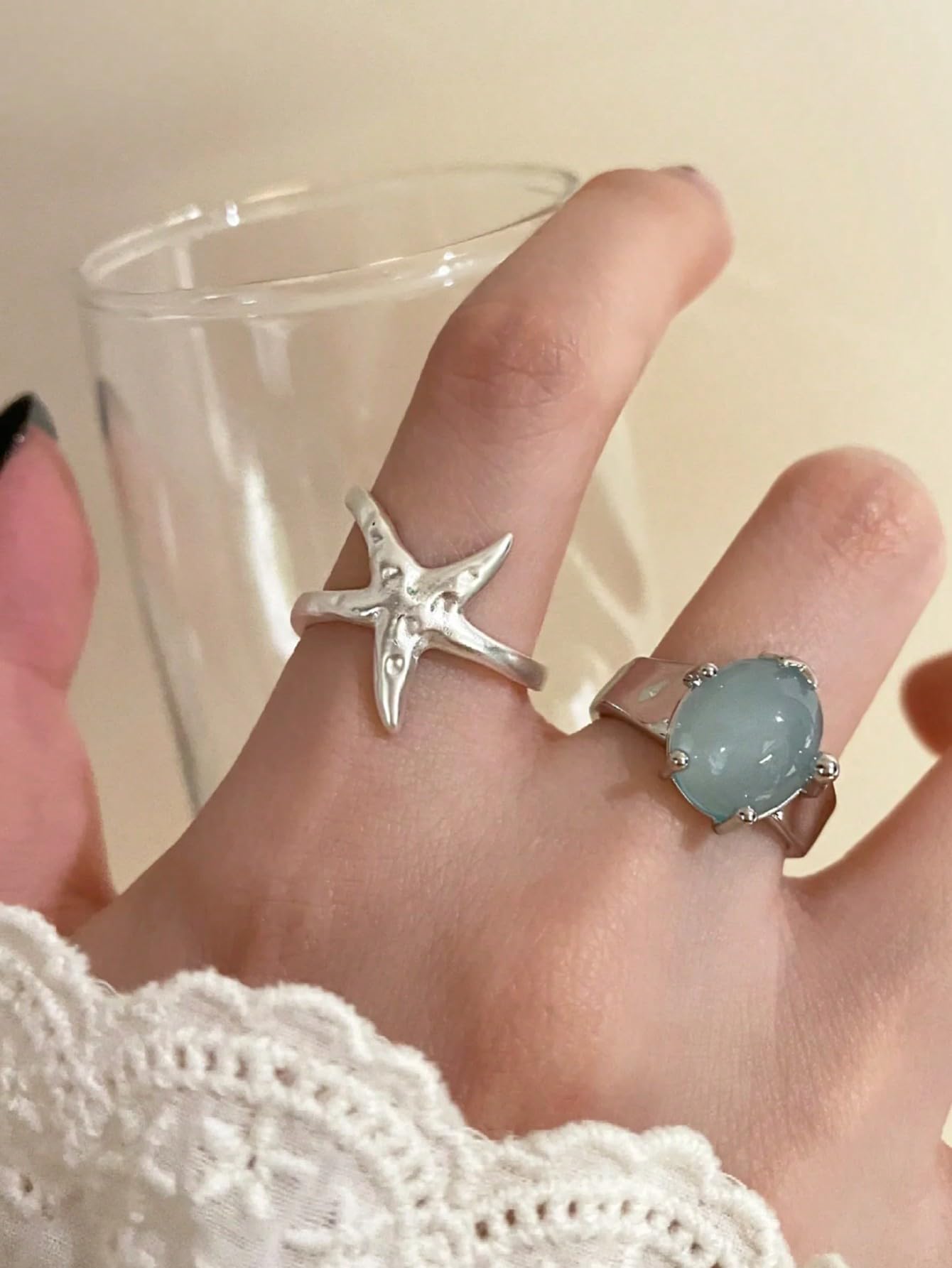 2 Pcs Fashion Open Rings Set Starfish Design Adjustable Beach Jewelry for Women