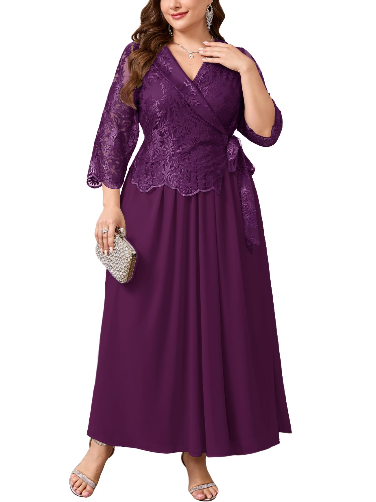 Plus Size Mother of Bride Floral Lace Maxi Dress Wrap V Neck A Line Chiffon Form