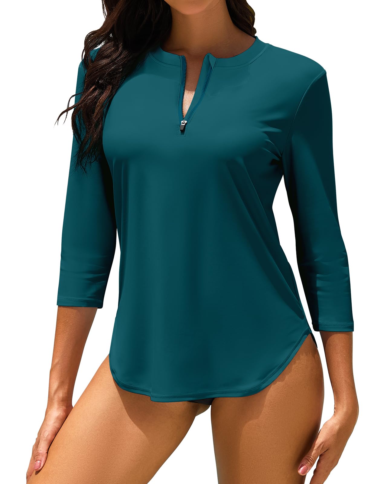 WOWENY Rashguard Anti-UV Women's Swimsuit 3/4 Sleeve T-Shirt with 1/4 Zip Quick 
