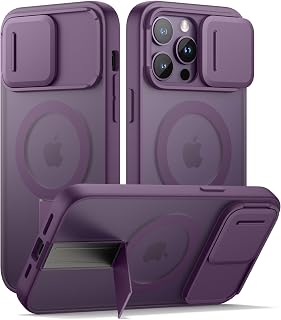 SURITCH for iPhone 14 Pro Case, Compatible with MagSafe, Built-in Kickstand & Camera Cover & Translucent Back, Shockproof Rugged Protective Phone Cover 6.1 Inch, Purple