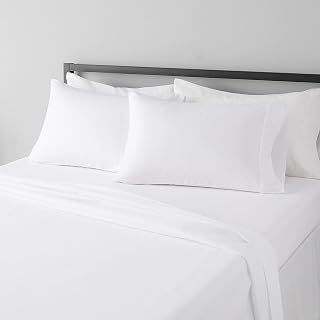 Amazon Basics Lightweight Super Soft Breathable Wrinkle-Resistant Microfiber 4-Piece Bed Sheet Set with 14-Inch Deep Pockets, Queen, Bright White, Solid