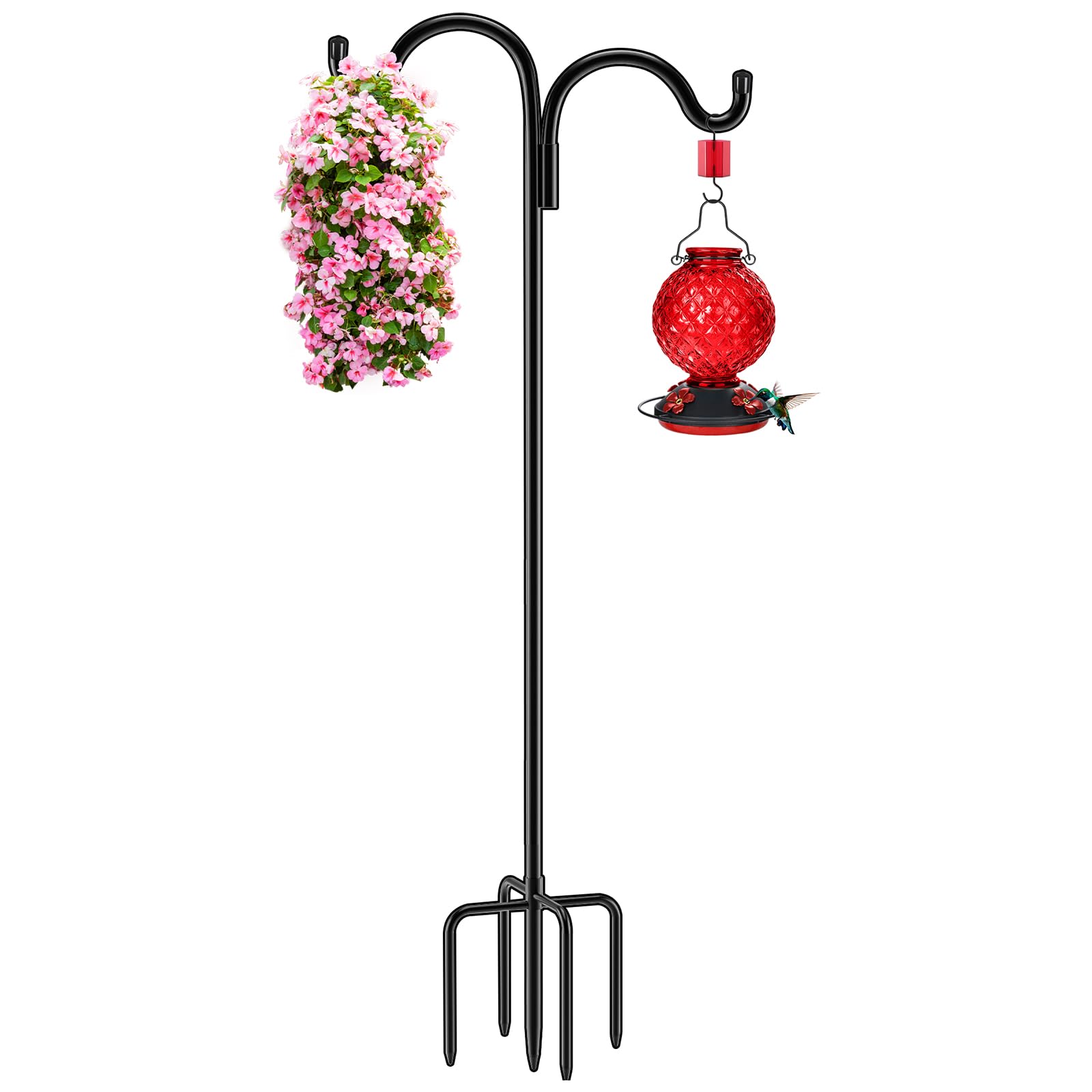 Gtongoko Double Shepherds Hook for Outdoor, 92 Inch Bird Feeder Pole with 5 Pron