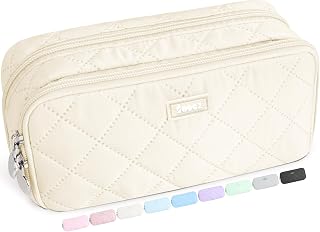 Sooez Large Pencil Case Pouch, Extra Big Pencil Bag with 8 Compartments, Pen Bag Wide Opening, Soft Quilted Pencil Pouch Organizer with Zipper, Portable Pencil Case for Teen Girls, Beige