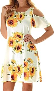 Misyula Style Womens Summer Cold Shoulder Floral T-Shirt Dress with Pockets