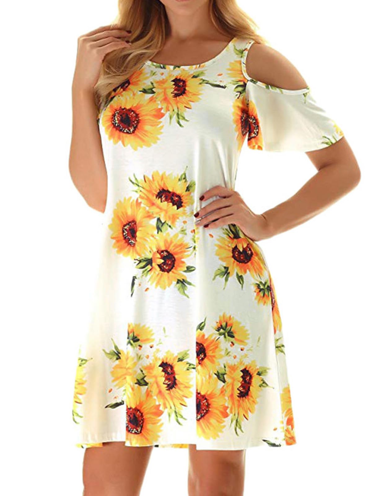 Misyula Style Womens Summer Cold Shoulder Floral T-Shirt Dress with Pockets