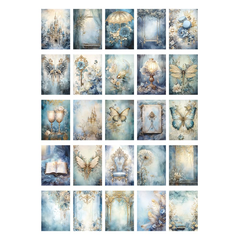 50 Count Vintage Collage Paper Pack "Blue Castle" | Matte Texture for Scrapbooki