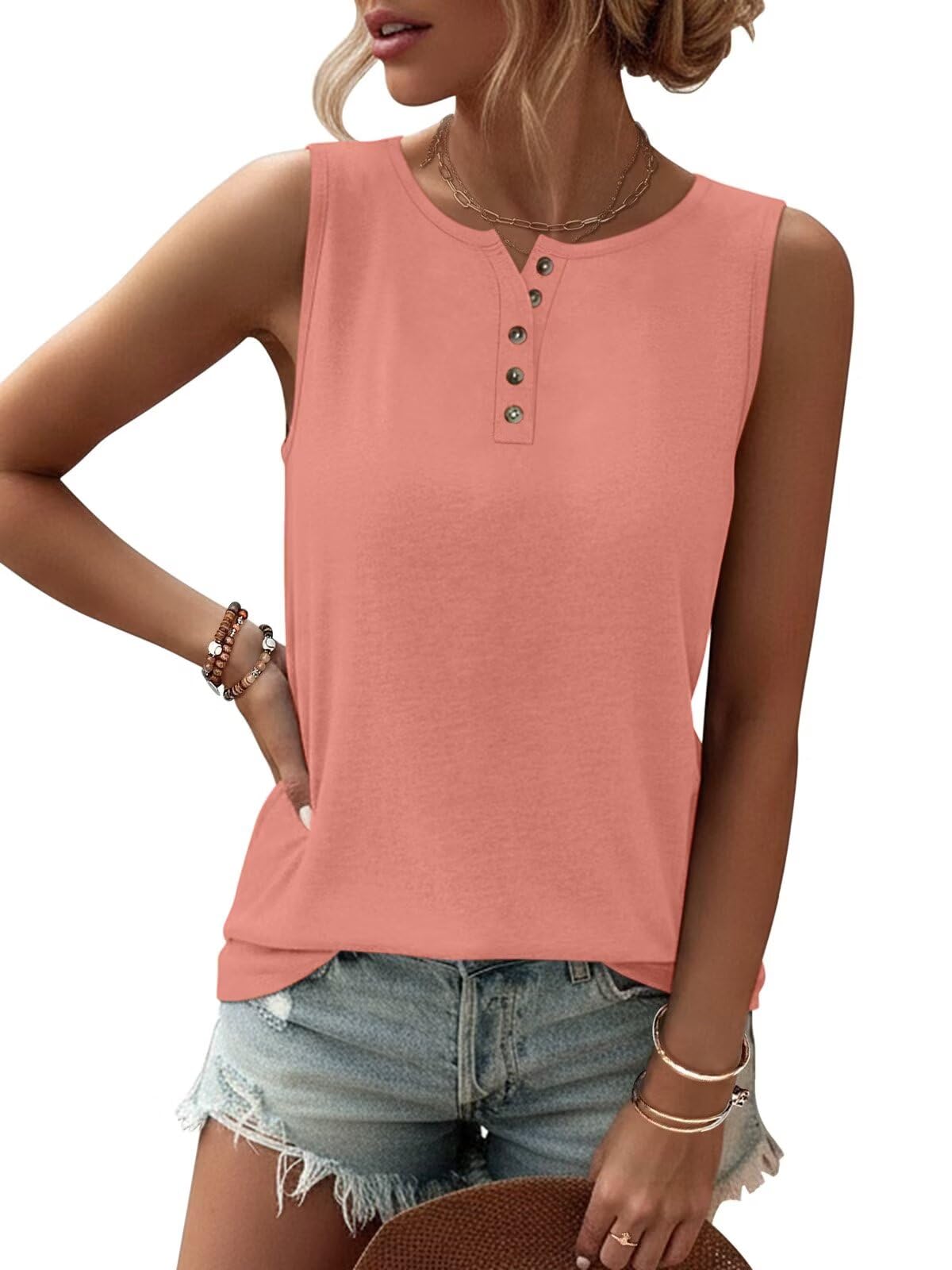 TICTICMIMI Womens Tank Tops 2026 Buttons Spring Summer Sleeveless Tee Henley Shi