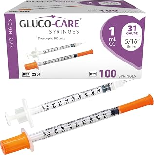 GLUCO-CARE 1 ml/cc Syringes 31G x 5/16’’ (8mm), Orange Cap, 100/box | Fine Tip, Home & Lab Use, Clear Barrel, Bold Scale, Smooth Plunger Movement with back-end stopper, Leak-Proof Design