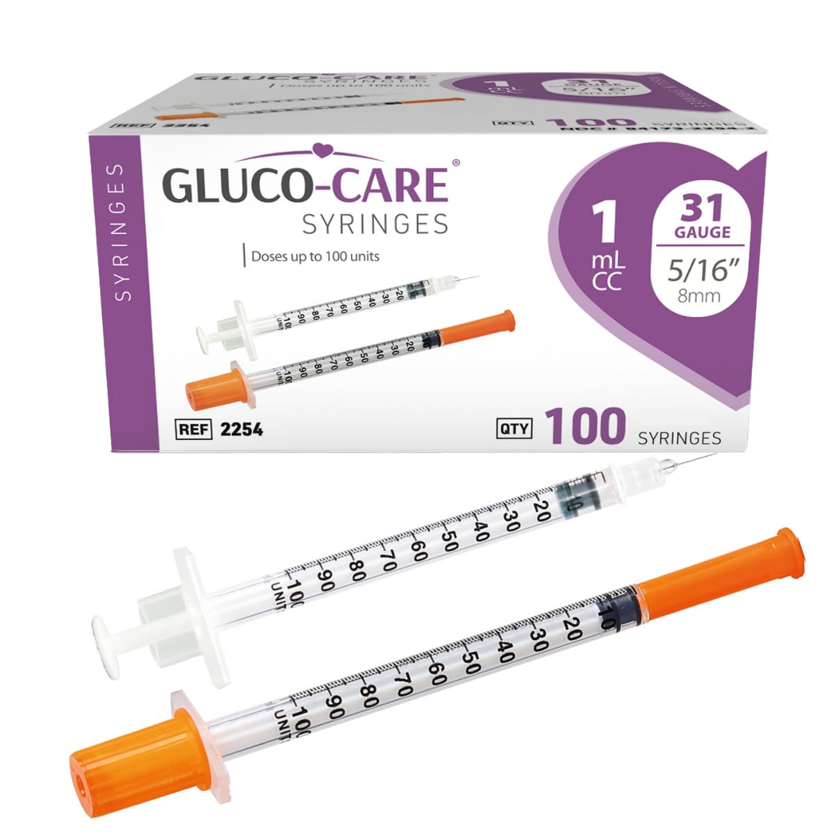 GLUCO-CARE 1 ml/cc Syringes 31G x 5/16’’ (8mm), Orange Cap, 100/box | Fine Tip, 