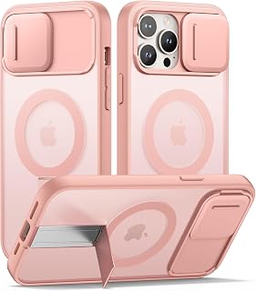 SURITCH for iPhone 13 Pro Max/12 Pro Max Case, Compatible with MagSafe, Built-in Kickstand & Camera Cover & Translucent Back, Shockproof Rugged Protective Phone Cover 6.7 Inch, Pink