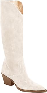 Coutgo Botas vaqueras de pantorrilla ancha para mujer, de gamuza, hasta la rodilla, tacón grueso, punta puntiaguda, botas vaqueras occidentales
