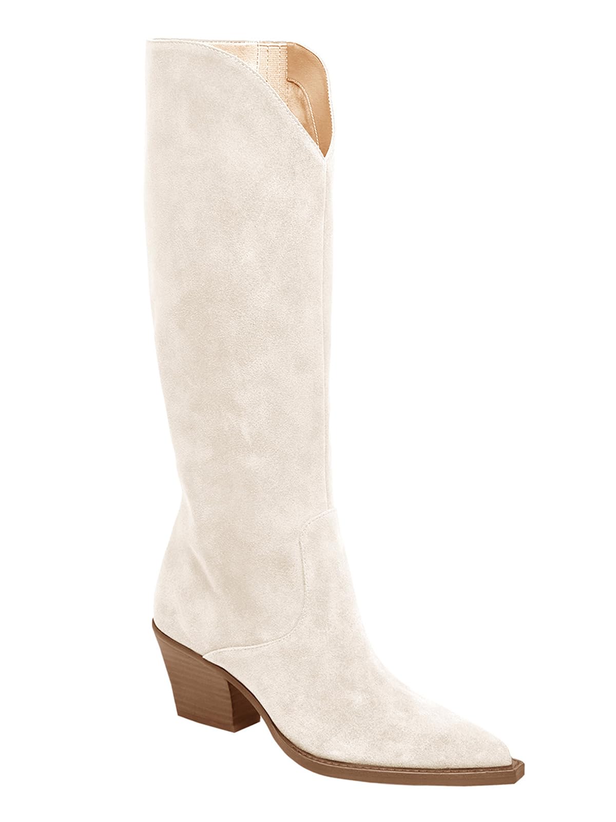 Coutgo Botas vaqueras de pantorrilla ancha para mujer, de gamuza, hasta la rodil