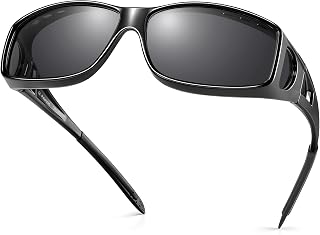 URUMQI Polarized Sunglasses Fit Over Glasses for Men Women, Wrap-around Driving Sunglasses 100% UV Protection, A08 Glossy Black Frame/Grey Lens, Large