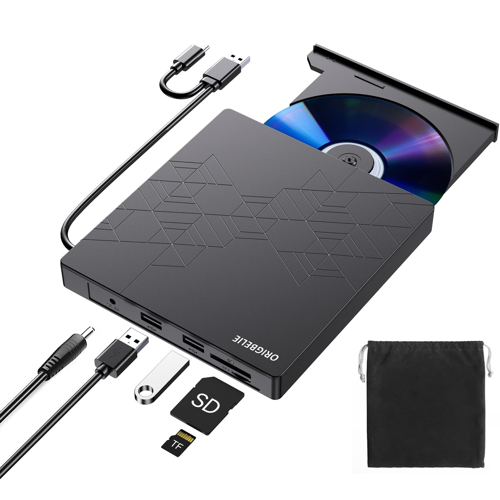 ORIGBELIE External CD DVD Drive, CD/DVD ROM +/-RW Adapter with USB Ports | USB 3
