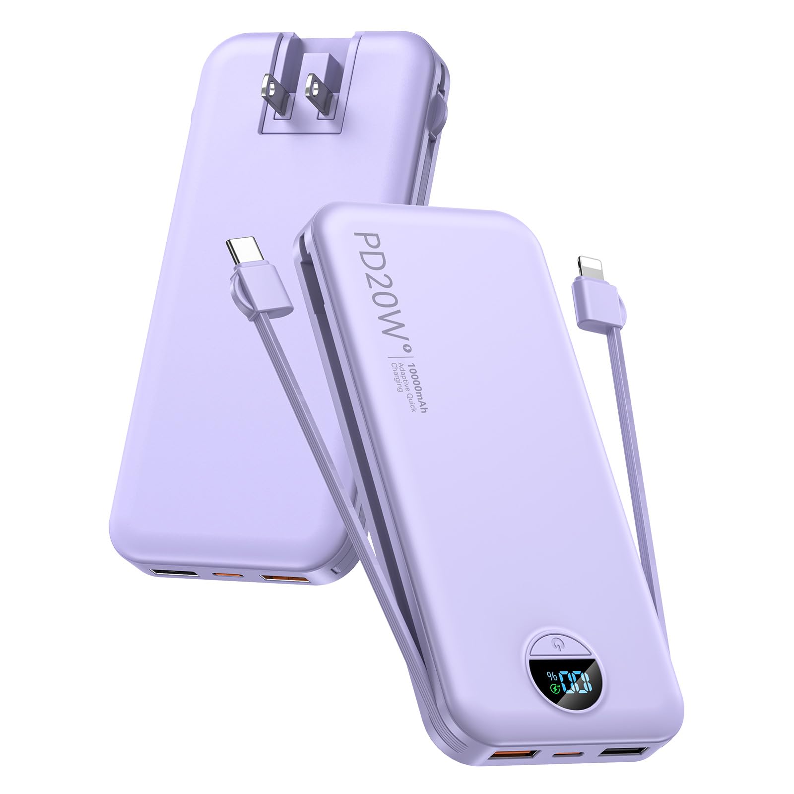 citicr Portable Charger 10000mAh PD20W w/Built-in Cables & Wall Plug Purple | Fa