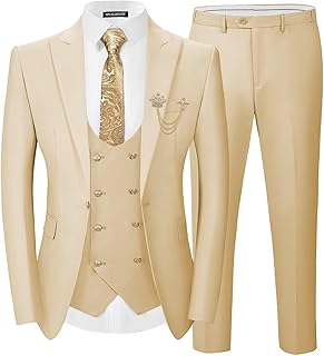 Men's 3 Piece Suits Slim Fit, Blazer Double Breasted Vest and Pants, Wedding Prom Business Suit with Gold Button