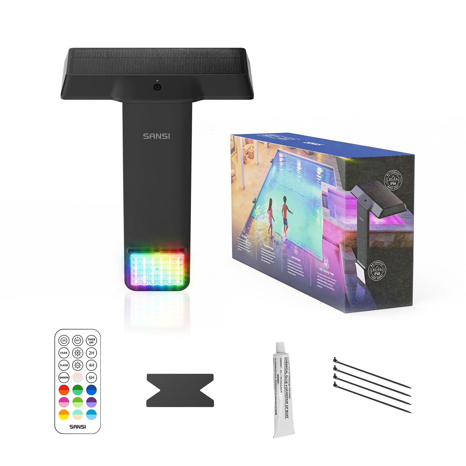 SANSI Solar Pool Lights, 150° Wide Angle, RGB Color, IP68 Waterproof | 5W Solar 