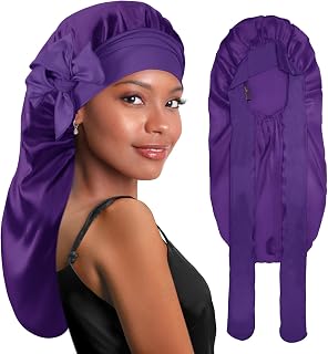 BONNET QUEEN Long Silk Hat with Wide Headband for Curly Haired Women, Night Silk Hat for Natural Long Hair, Braid, Wigs, Locs, Dreadlocks, Dark Purple