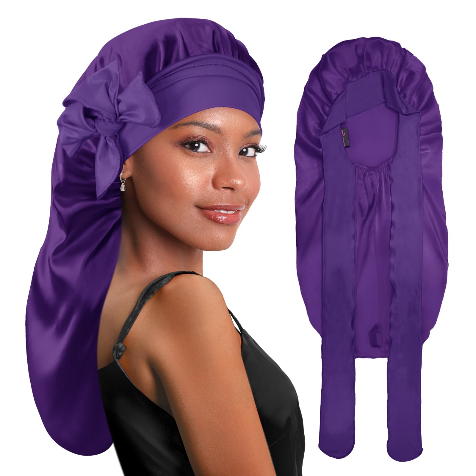 BONNET QUEEN Long Silk Hat with Wide Headband for Curly Haired Women, Night Silk