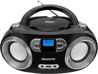 MEGATEK Portable CD Player Boombox with Bluetooth & FM Radio – Black | USB Playback, Clear Stereo Sound, AUX Input, Headphone Jack, CD-R/RW & MP3-CD Support, LCD Display, AC/Battery Powered