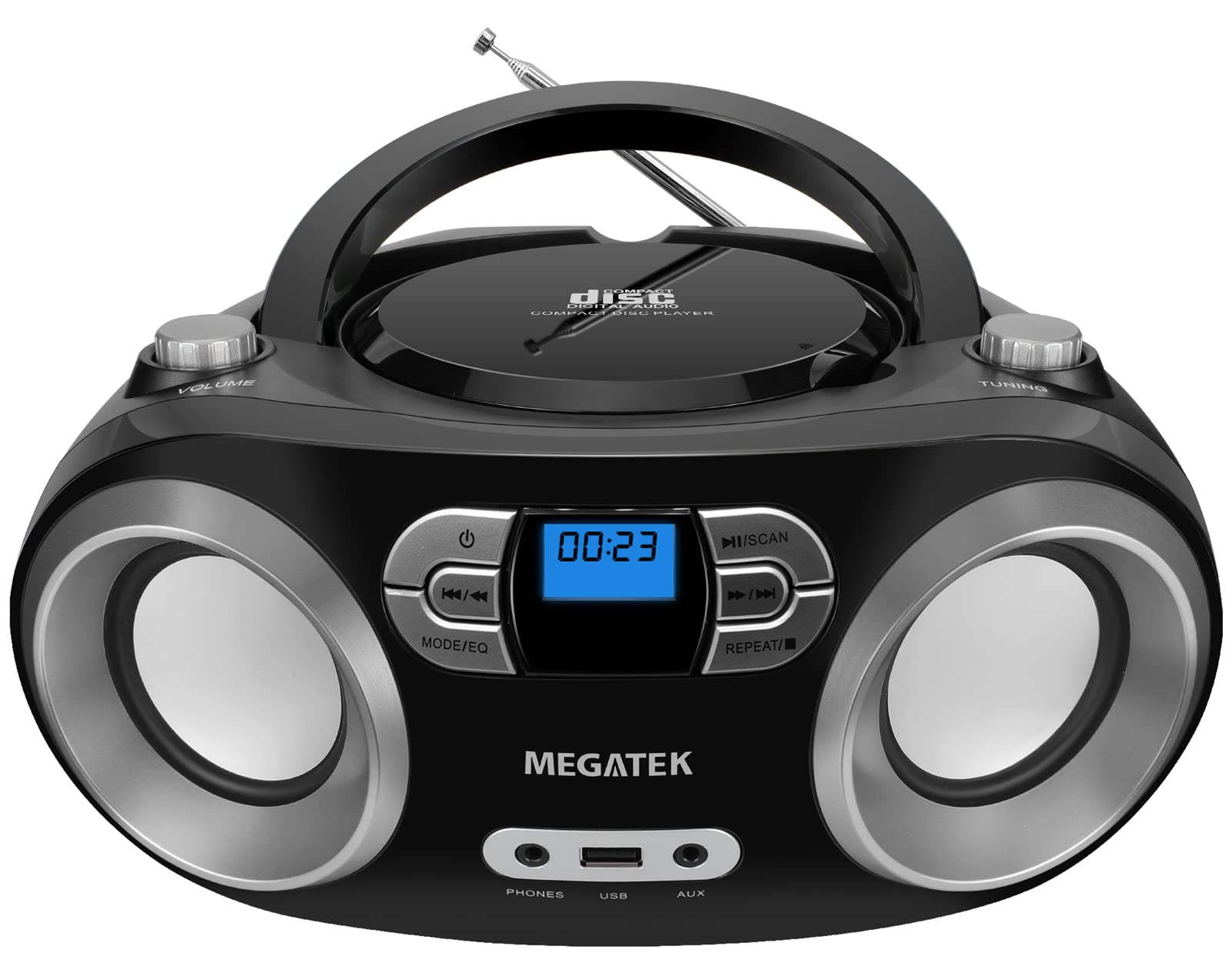 MEGATEK Portable CD Player Boombox with Bluetooth & FM Radio – Black | USB Playb