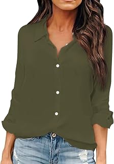 OMSJ Women Button Down Shirts Long Sleeve Chiffon Office V Neck Casual Business Blouses Tops