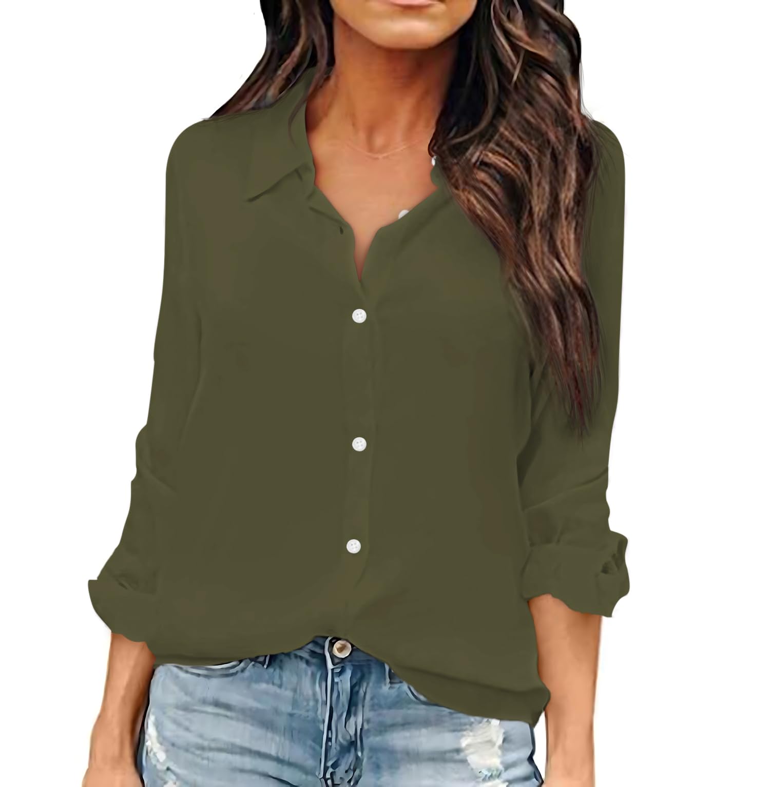 OMSJ Women Button Down Shirts Long Sleeve Chiffon Office V Neck Casual Business 
