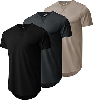 3 Pack Mens Cotton Shirts Solid Color Short Sleeve Casual Crew Neck Hipster Hip Hop Longline T-Shirts Drop Cut Curved Hem