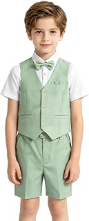 LOLANTA 4 Piece Boy Suit Wedding Summer Outfit Child Boy Ceremony Clothes Christening Birthday Boy Page Set Suit Shorts Linen Gile Shirt with Bow Tie