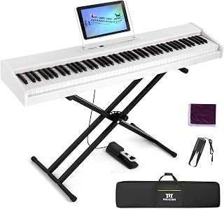 MUSTAR 88 Key Piano Keyboard Semi Weighted, Portable Digital Piano MEP-3400 | 800 Tones, 600 Rhythms, 80 Demo, Height-Adjustable Stand, Carrying Case, USB MIDI, Wireless Connection, Sustain Pedal, White