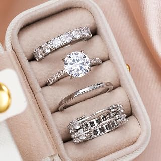 Set of 3 Classic Round Cubic Zirconia Hoop Earrings Luxury Rings for Women Wedding