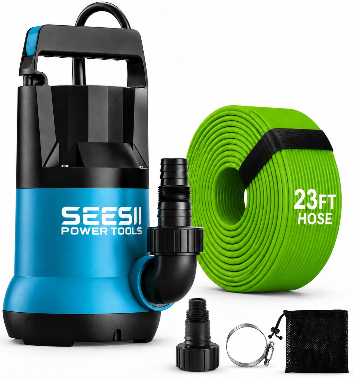 SEESII 1HP Submersible Water Pump, 4755 GPH High Flow w/ 23ft Hose | Anti-Cloggi