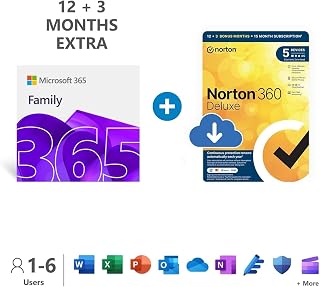 Microsoft 365 Family | 15 month subscription | up to 6 people | up to 6TB OneDrive cloud storage + Norton 360 Deluxe | 12 months | Advanced Online Security | PC/Mac | Activation required