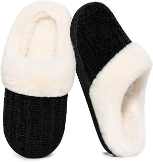 Evshine Women's Chenille Knit Fuzzy Slippers Memory Foam Warm House Shoes