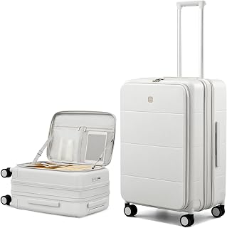 Hanke 24 Inch Expandable Checked Luggage Hard Shell Suitcases with Wheels Top Opening TSA Luggage Rolling Large Suitcases for Travel (Smoke White)